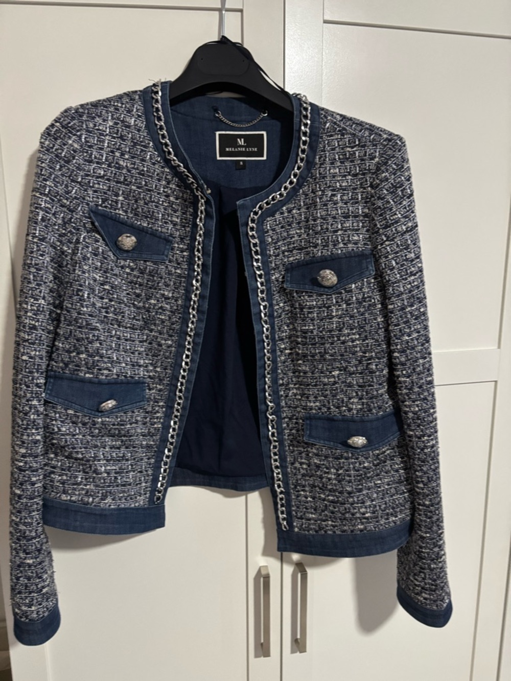 Melanie Lyne Navy Tweed Chain-Trim Jacket in size 8 - Picture 2 of 5